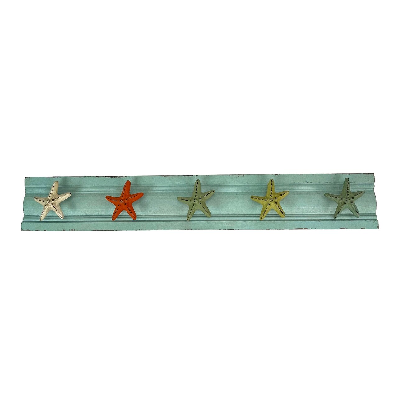 Charming Cast Iron Starfish Wall Hook Rack – 31.5 Inch Wooden Backing